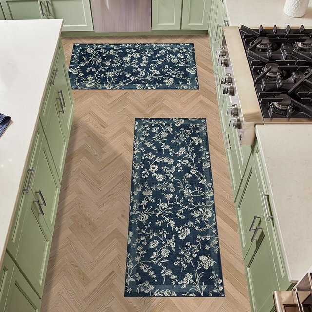 Laura Ashley Dark Navy Aria Floral Border Machine Washable & Slip Resistant 2 Piece Set - 26" x 45" Accent Rug & 26" x60" Runner Rug