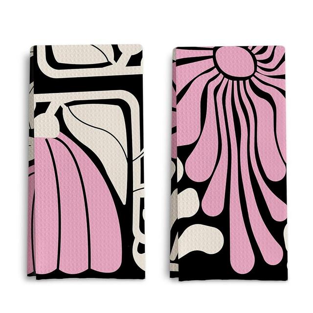 Qpenm Abstract Boho Pink and Beige Floral Kitchen Towels Set of 2, Retro 70s Groovy Floral Hand Towels for Bathroom Decor, Modern Minimalist Botanical Dish Tea Towels for Kitchen Decor, 16x24 Inch