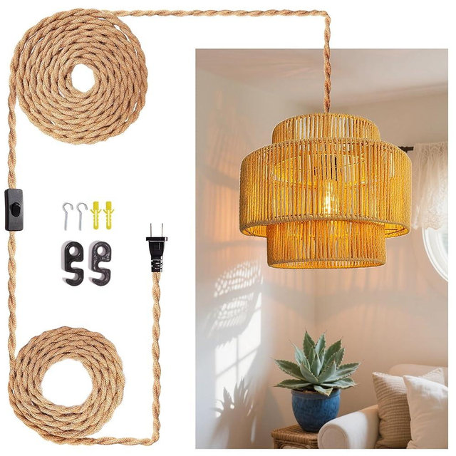 LUCORUSC Hanging Light Ceiling Lamp Pendant Lights Rattan Hanging Lamp with Plug in Cord for Living Room Bedroom Kitchen Indoor Hanging Lamp Plug in Woven Lampshade