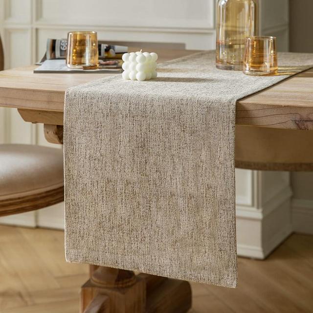 ZeeMart Burlap Style Farmhouse Table Runners 108 Inches Long, Beige Rustic Woven Dining Table Runner for Everyday Use, 14x108 Inches, Oatmeal Beige