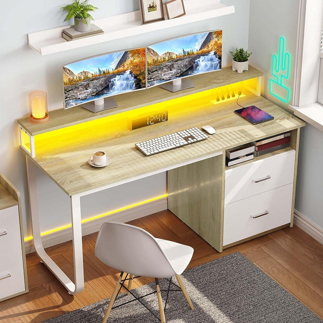 YITAHOME Computer Desk with Drawers, 55" Office Desk with Power Outlets & LED Light, Home Office Desk with Storage Shelves, White & Oak