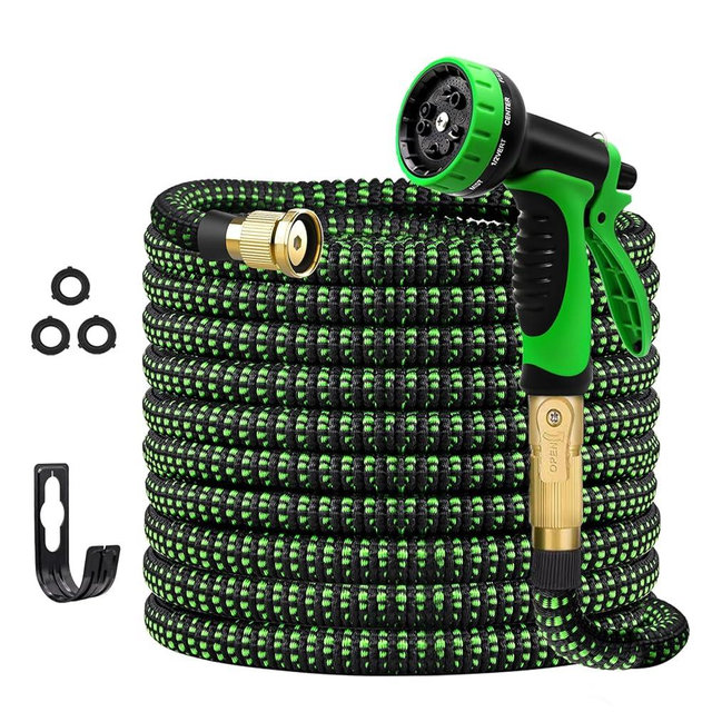 Expandable Garden Hose 100 FT, Water Hose with 10-Function High-Pressure Spray Nozzle, Heavy Duty Flexible Hose, 3/4" Solid Brass Fitting