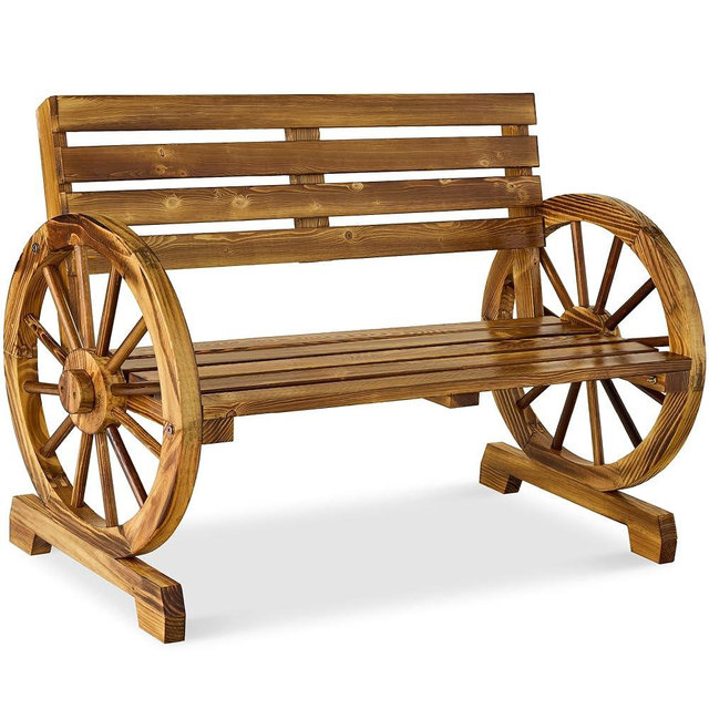 Best Choice Products 2-Person Wooden Wagon Wheel Bench for Backyard, Patio, Porch, Garden, Outdoor Lounge Furniture w/Rustic Country Design, Slatted Seat and Backrest - Natural