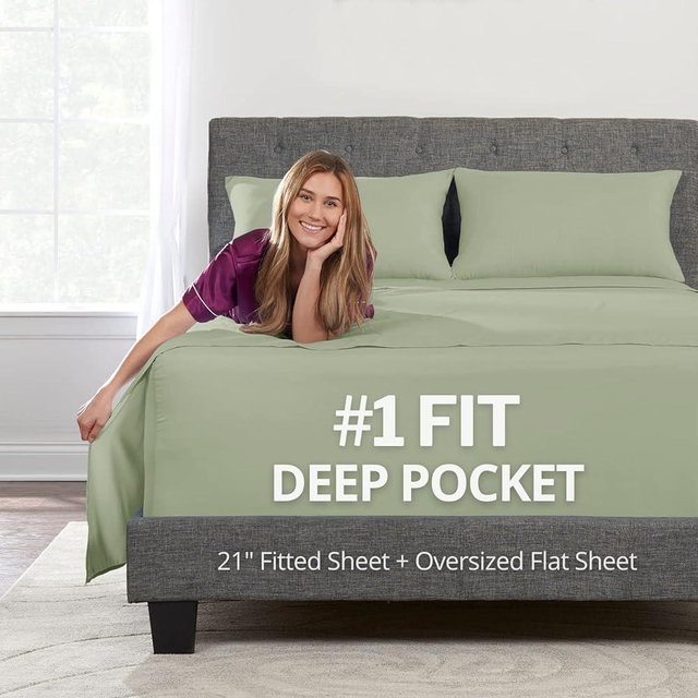 Deep Pocket King Size Sheets – 21” Extra Deep Pocket King Size Sheets – [4 Piece Set] King Bed Sheets Oversize Flat Sheet, Fitted Sheet, 2 Zippered Pillowcases 18”–23” Deep Pocket King Sheets – Green