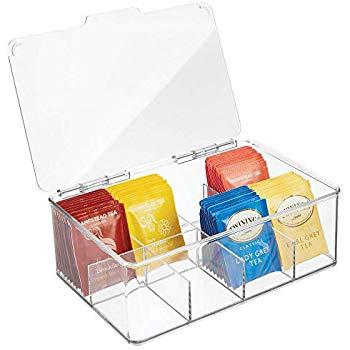 mDesign Tea Bag Single Serve Pouch Divided Box Holder Organizer, Clear