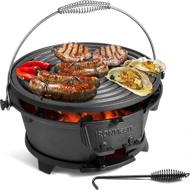 IronMaster Hibachi Grill, 100% Cast Iron, Tabletop Small Portable Charcoal Grill for Outdoor Camping - 2 Heights, Air Control, Coal Door, Ideal for 2 People