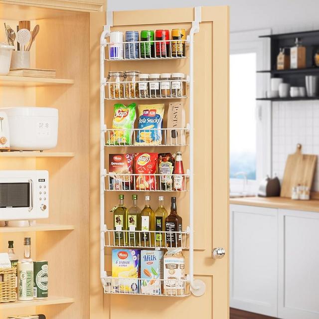 Delamu Over the Door Pantry Organizer, Metal Over the Door Organizer, 6-Tier Pantry Door Organizer Spice Rack for Easy Install, D5.1xW18xH50.4inch Pantry Door Storage, White