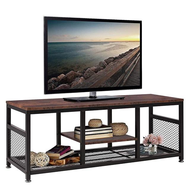 VECELO TV Cable Box Gaming Entertainment Center Media Console Table with Storage for Living Room and Bedroom, Brown+Black
