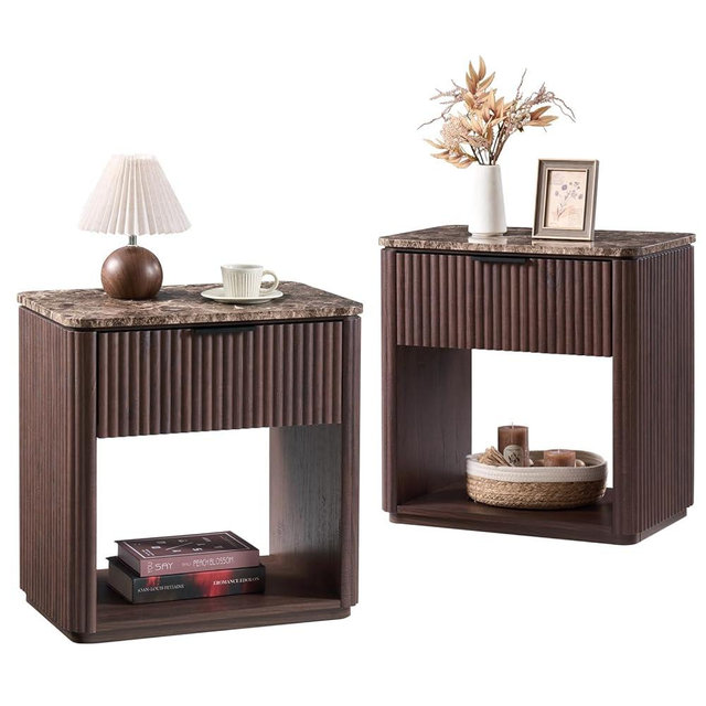 Fluted Nightstand Set of 2, Bedside Table with Faux Marble-Top, Engineered Wood Side Table with Drawer Open Shelf, Curved Corners, Modern Night Stand for Bedroom, Small Spaces, Dark Oak
