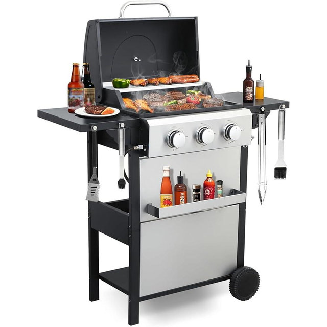 3-Burner Propane Gas BBQ Grill, Stainless Steel Propane Grill 36,900 BTU Outdoor Cabinet Style with Wheels, Wire Rack and Two Foldable Side Table for Outdoor Barbecue Cooking (3-Burner Grill,Silver)