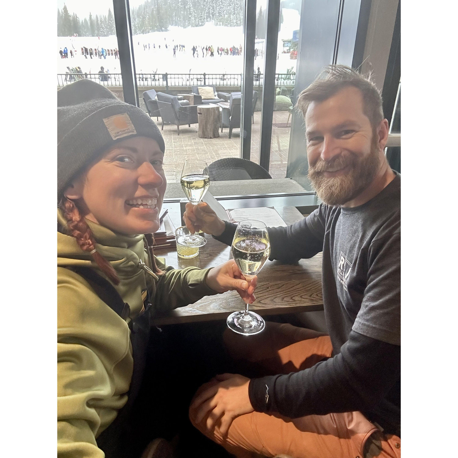 Our engagement complimentary champagne at Big Sky Ski Resort
