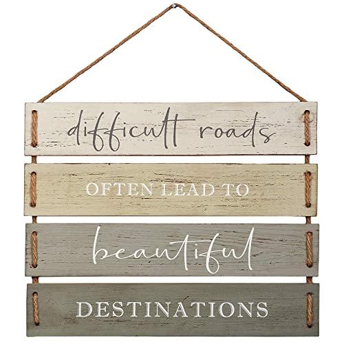 Barnyard Designs Difficult Roads Often Lead to Beautiful Destinations Quote Wall Decor, Decorative Wood Plank Hanging Sign 17” x 14