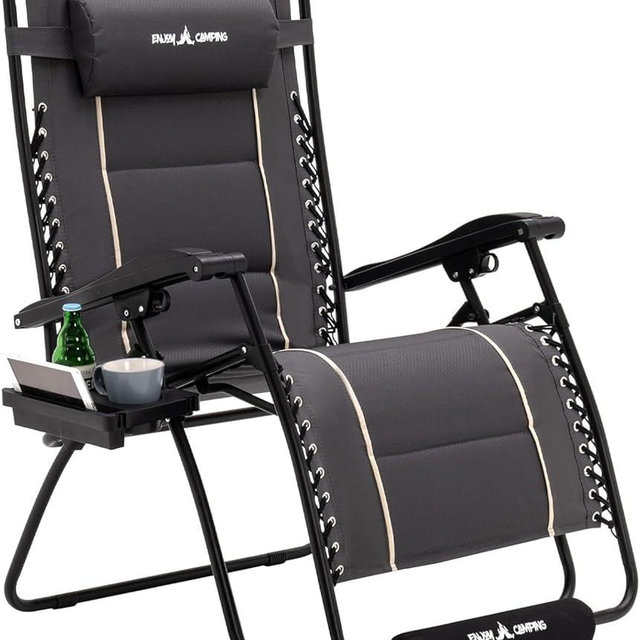 Amopatio Oversized Folding Zero Gravity Chair with Cup Holder for Outdoor&Indoor, XXL Heavy Duty Patio Reclining Lounge Chairs with Tray/Footrest/Headrest,Support 500LBS,Dark Gray