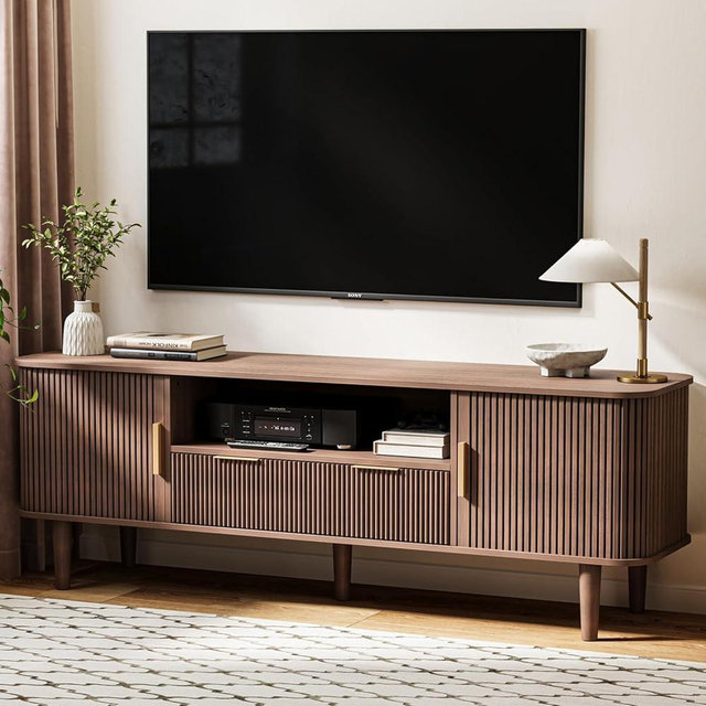 DAMCROP Fluted TV Stand, 62 Inch Mid Century Modern Media Console Table with Sliding Tambour Door Farmhouse Sideboard Buffet Cabinet Fits TVs up to 75 inch, Wood Entertainment Center for Living Room
