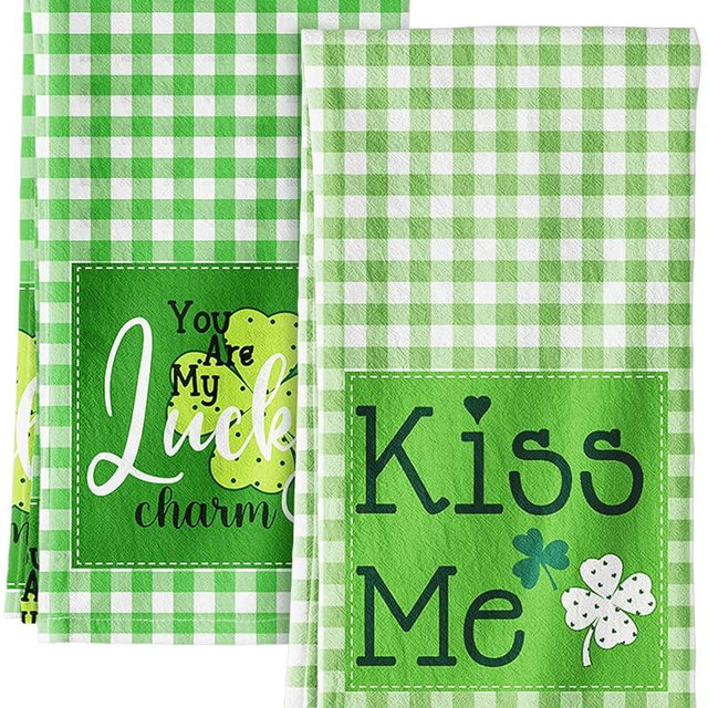 Miss Adola St. Patrick's Day Kitchen Towels Set of 2 - Flour Sack Tea Towels with Hanging Loop 18x26 Inch Green Lucky Charm Hand Dish Cloths Reusable Dishcloths Celebrate Patricks Day Decor