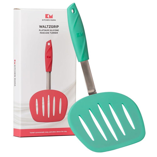 Kitchen Mama WaltzGrip Platinum Silicone Pancake Spatula Turner: Heat-Resistant, Slotted Tapered Head, Stainless Steel Core, Durable, Dishwasher-Safe, Ideal for Flipping and Wok Use (Teal)