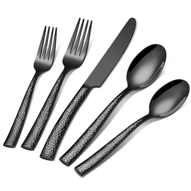 Black Silverware Set, Ollex 60-Piece Heavy Duty Hammered Flatware Set for 12, Food-Grade Stainless Steel Knives Forks and Spoons Utensil Set, Mirror Cutlery Set for Home Restaurant, Dishwasher safe