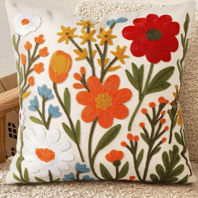 Kokaaee Embroidered Throw Pillow Cover 18x18 Inch - Spring Summer Boho Decorative Pillow Cover with Zipper for Living Room Couch Sofa Bed Aesthetic Design Flower Cluster Cushion Pillowcase