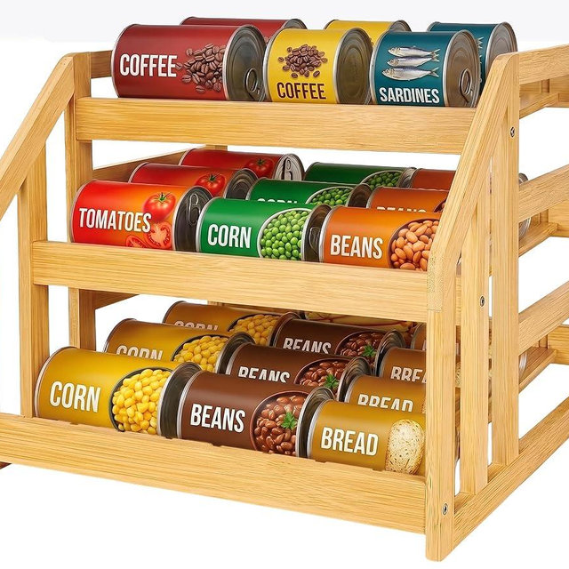 LUSHZLUMBERA Bamboo Can Organizer for Pantry, 3 Tier Tilt Rack Holds 36 Cans, Adjustable Dividers, Sturdy Wood Soda Storage for Refrigerator, Spice Jar Holder, Cat Food Bin, Cabinet Countertop