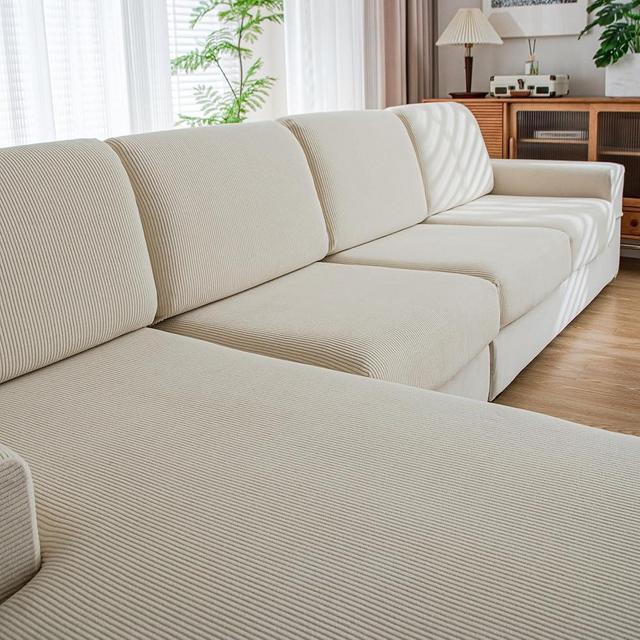 QIANMEW Couch Cushion Covers, Comfort Soft Magic Sofa Covers Washable Stretch Resistant Slipcovers for Sectional and L Shaped Seats Furniture Protectors for Pets (3 Seaters+1 Chaise, Ivory)