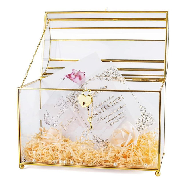 Jajamy Gold Glass Card Box With Slot and Heart Lock - Large Clear Display for Wedding Reception, Bridal Shower - Handmade Brass Centerpiece