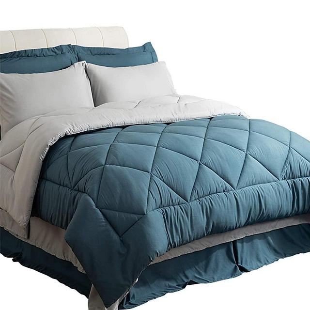 Bedsure King Size Bed in A Bag, Blue/Light Grey - Soft Microfiber, Reversible Bed Comforter Set 8 Pieces (1 Comforter, 2 Pillow Shams, 1 Flat Sheet, 1 Fitted Sheet, 1 Bed Skirt, 2 Pillowcases)