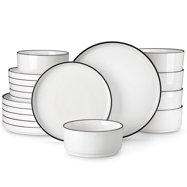 vancasso 18 Piece Set Of White With Black Rim Curved Vertical Edge Design Ceramic Tableware Serving 6 People