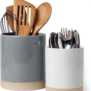 famiware Milkyway Kitchen Utensil Holder for Countertop, Ceramic Cooking Utensil Crocks for Kitchen Counter, Utensil Organizer for Spatula & Spoon, Set of 2, Dark Gray and White