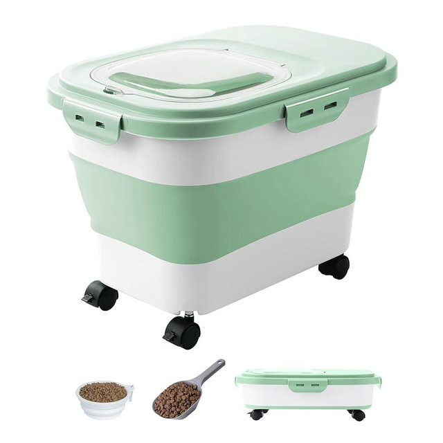 DDMOMMY 20-23Lbs Dog Food Storage Container - Collapsible Dog Food Container with Attachable Casters and Scoop,Travel Silicone Bowl, Pet Food Storage Containers to Keep Dry Food Fresh,Easy to Move