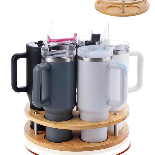 Rotating Wood Tumbler Organizer, 30 oz 40 oz Spinning Turnable Tumblers Holder, 360° Rotatable 7 Large Cups Bottle Tumbler Storage Display Stand, Rotate Syrup Organizer for Cabinet Countertop