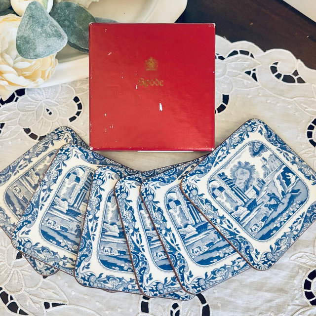 Vintage Spode Blue Italian coaster set of 6 Cork table setting decor serving odds and ends blue white decor 4x4"