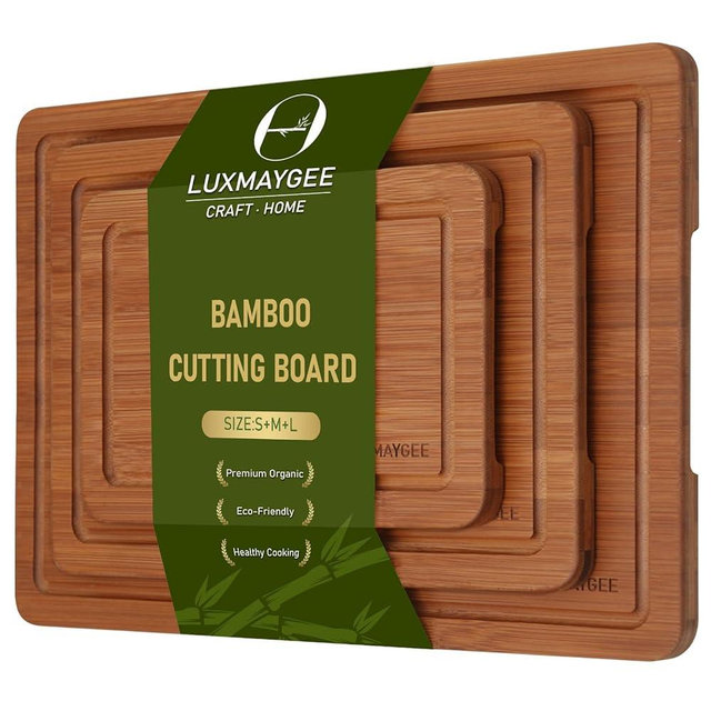 Bamboo Cutting Board Set, 3-Piece Carbonized Wood Cutting Boards with Deep Juice Groove, Non-Slip Feet & Handles – Durable Cutting Board for Meat, Vegetables, Fruits, Charcuterie, Ideal Kitchen Gift