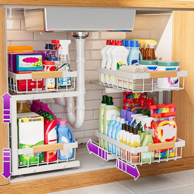 ADBIU Under Sink Organizer, 2 Pack 2 Tier Expandable Height (White, XL)