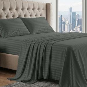 LANE LINEN 100% Egyptian Cotton King Sheets Set, Soft & Comfy Sateen Weave Mercerized Cotton Sheets King, Fully Elasticized Reinforced French Seam Fitted King Bed Sheets Damask Stripe – Dark Grey
