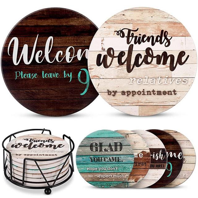 Funny Coasters for Coffee Table - 6 Sarcastic Absorbent Stone Cork Drink Coasters, Farmhouse Bar Coasters for Drinks with Holder, Cool Housewarming Gift, New Home - Cup Coster for Wooden Table