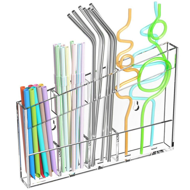Rulyyo Acrylic Straw Holder for Cabinet - 9.5 Inch Clear Reusable Straw Organizer Dispenser with Ultra Sticky Adhesive Tapes, Slanted Kitchen Accessories Container Cupboard Door Mounted