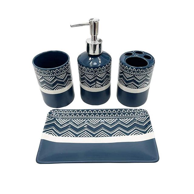 SUNBRIGHT Bathroom Accessories Set 4 Pcs - Soap Dispenser, Toothbrush Holder, Tumbler & Towel Tray - Countertop Vanity Organize - Blue