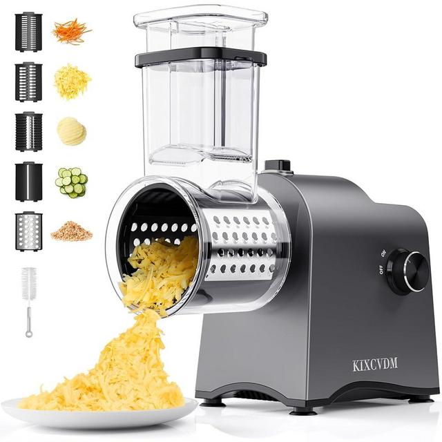 5-In-1 Electric Cheese Grater, Salad Shooter with 5 Different Shapes of Blades, 250W Automatic Cheese Shredder, Rotary Switch Kitchen Electric Slicer for Cheese, Fruits, Vegetables
