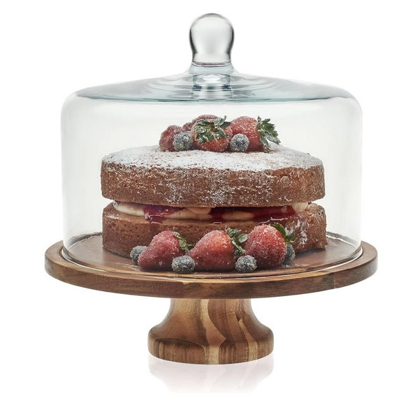 Libbey Acacia Wood Cake Stand with Lid, Footed Cake Stand With Cover