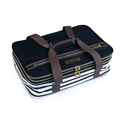 Rendibly Insulated Double Casserole Carrier Thermal Bag for Hot and Cold Foods in Black and White for Picnics, Parties, and Potlucks, 16.5x11x7 Inch Size Holds 9x13 to 10x15 Inch Dish