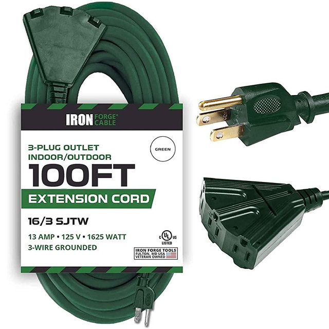 100 Ft Outdoor Extension Cord with 3 Electrical Power Outlets - 16/3 SJTW Durable Green Cable with 3 Prong Grounded Plug for Safety
