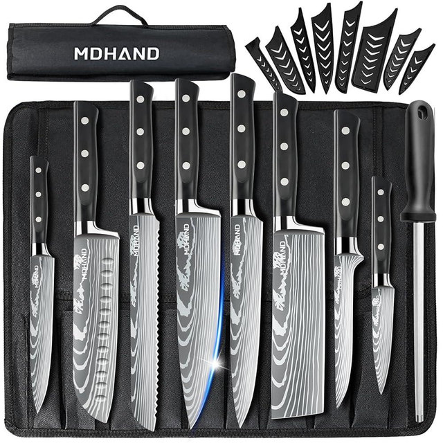 MDHAND Professional Chef Knife Set with Roll Bag, 9PCS Japanese Kitchen Knife Set with Sharpener, High Carbon Stainless Steel Kitchen Knives - Forged Triple Rivet, Dishwasher Safe, Chef Gifts, Black