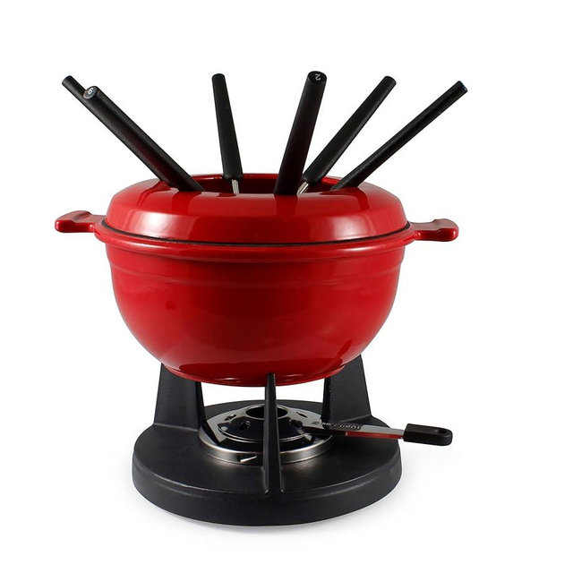 Swissmar Lucerne 10-Piece Cast Iron Fondue Set - Ideal for Melting Cheese, Chocolate, & More - Perfect for Kitchen Collection & Wedding Gift Giving - 2 Liter / 2 Quart - Red
