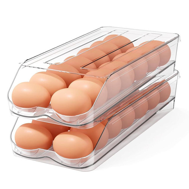 BOBELA Egg Holder for Fridge,Automatic Rolling Egg Container for Refrigerator,2 Pack Clear Stackable 28-Count Egg Organizer with Lid, Fridge Organizers and Storage