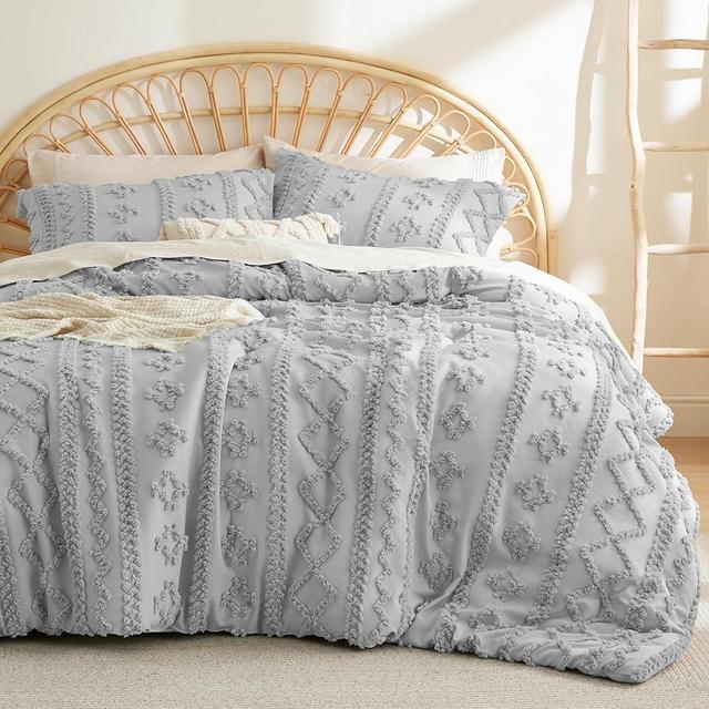 Bedsure Tufted Boho Comforter Set King - Grey Boho Bedding Comforter Set, 3 Pieces Farmhouse Shabby Chic Embroidery Bed Set, Soft Jacquard Comforter for All Seasons