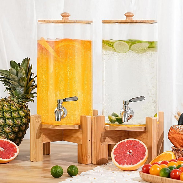 SPEETH 2 PCS 1.1 Gallon Drink dispenser, Large Water Glass Beverage Dispenser With Wood Stand for Parties With Stainless Steel Spigot, Ideal for Lemonade,Juice, Tea, and Party Drinks