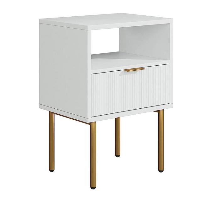Masupu Nightstand,Mid-Century Modern Bedside Table with Storage Drawer and Open Wood Shelf,Small Gold Frame Side Table for Bedroom,Living Room,White