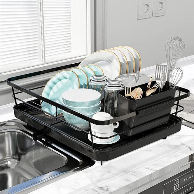 Sakugi Dish Drying Rack - Compact Dish Rack for Kitchen Counter with a Cutlery Holder, Durable Stainless Steel Kitchen Dish Rack for Various Tableware, Dish Drying Rack with Easy Installation, Black