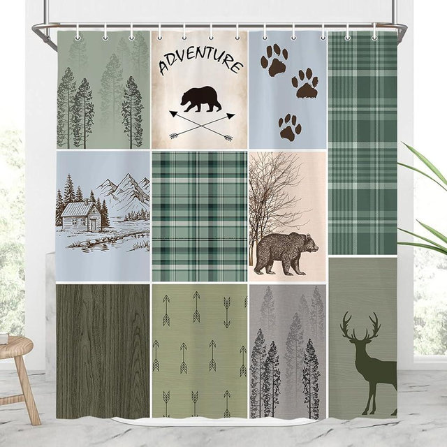 Rustic Cabin Bear Deer Shower Curtain, Green Country Plaid Shower Curtain Set for Bathroom, Farmhouse Forest Nature Fabric Shower Curtain Restroom Bathtub Decor Accessories with Hooks 69X 75 inch