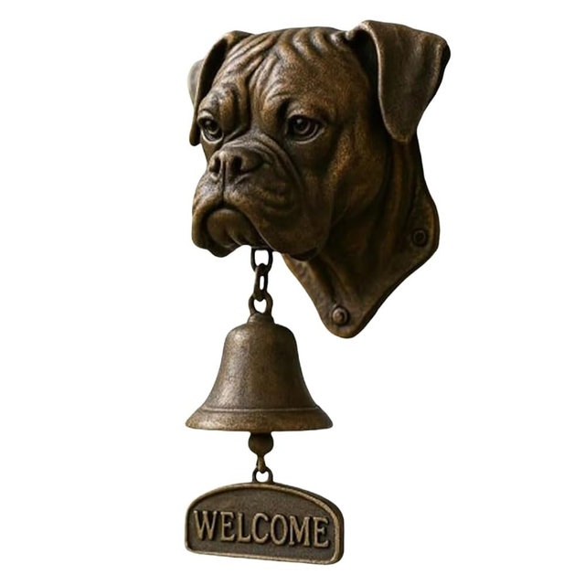 Dog Head Welcome Door Bell, Antique Bronze Finish, Wall-Mounted Decorative Doorbell with Hanging Bell and Welcome Sign (Boxer)